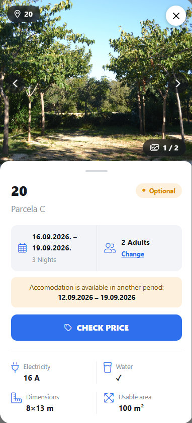 A pitch shown as optional: the requested dates are taken, but the app suggests a nearby period that fits and can be priced
