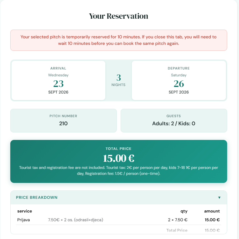 Reservation confirmation screen: arrival and departure, number of nights, pitch number, guests, total price and a price breakdown